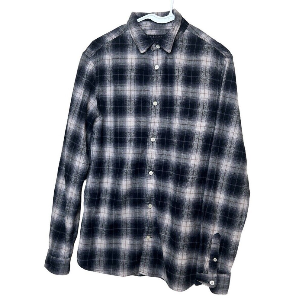 ALL SAINTS Men’s Flannel Plaid Black Beige Button Down Selwyn Long Sleeve Shirt